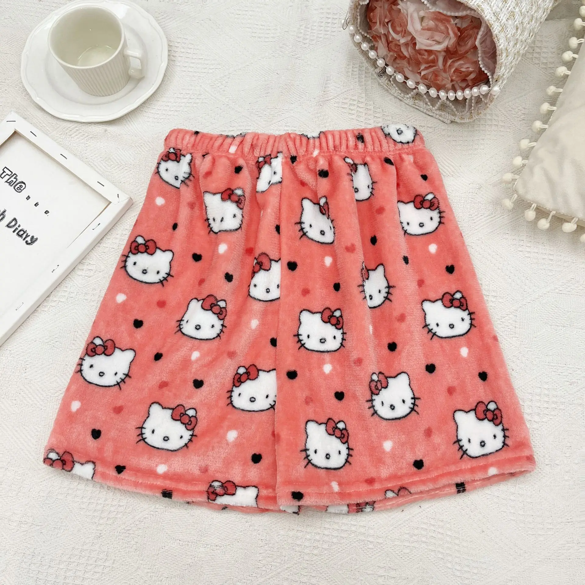 Kawaii Sanrio Hello Kitty Pajamas Pants Y2K Cartoon Black Cute Women Soft Plush Thickening Trousers Clothes Female Casual Pants