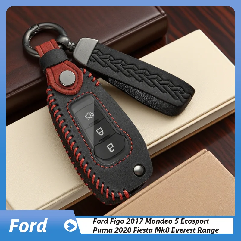 

For Ford Figo 2017 Mondeo 5 Ecosport Puma 2020 Fiesta Mk8 Everest Ranger 3 Buttons Leather Car Remote Key Case Cover Shell Fob