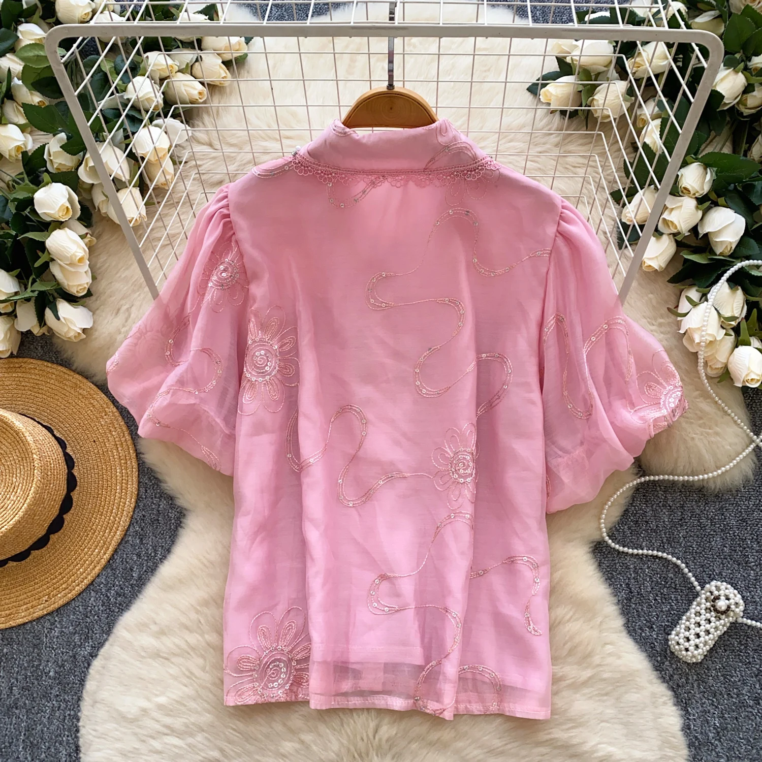 Camicetta vintage elegante con maniche a lanterna e paillettes con strass Camicia con scollo a polo alla moda Casual Chic Top Fairy Summer Women