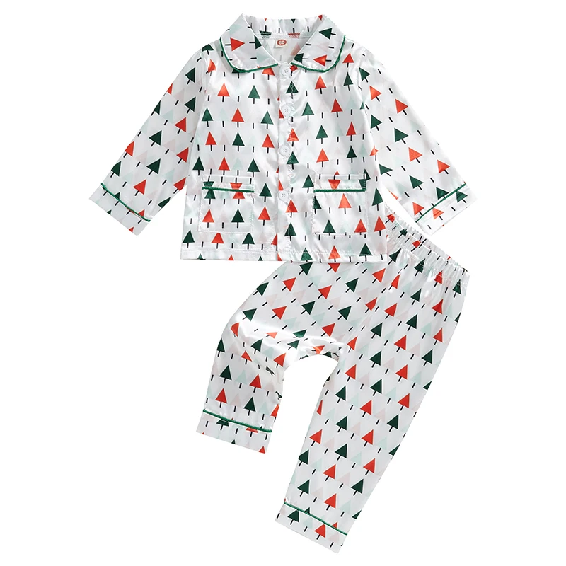 Kids Christmas Pajamas Set, Plaid/Tree Print Long Sleeve Tops with Pants Sleepwear