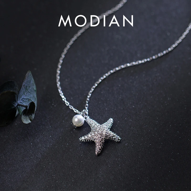 Modian Marine Life Adjustable Necklace for Women Shiny Zircon Starfish Pearl Sterling Silver 925 Pendant Necklace Fine Jewelry