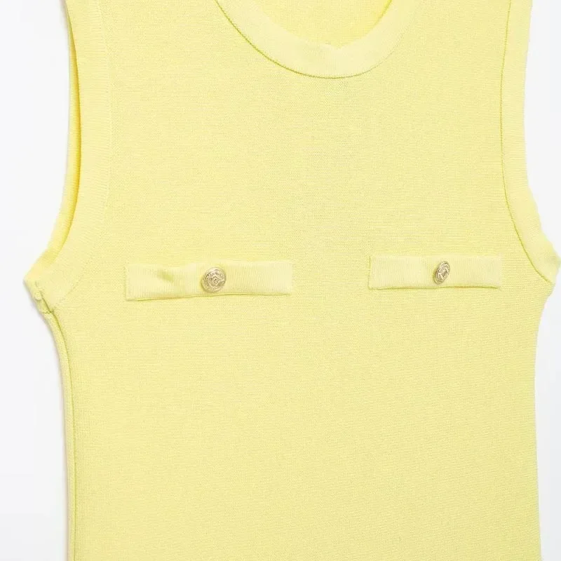 TRAF-vestidos curtos sem mangas de malha para mulheres, mini vestido plissado amarelo, gola redonda, tanque elegante, verão