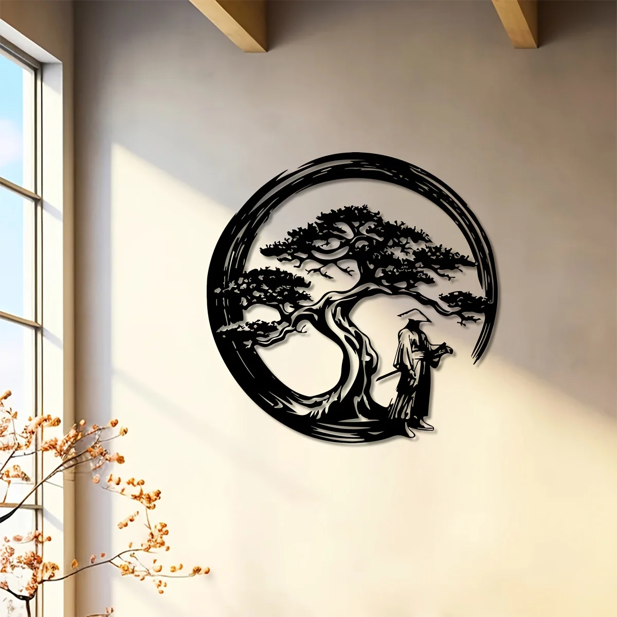 Japanese Bonsai Tree Metal Wall Art 15.7x15.7 Tori Gate Enso Cutout Creative Modern Home Accent Unique Housewarming Gift