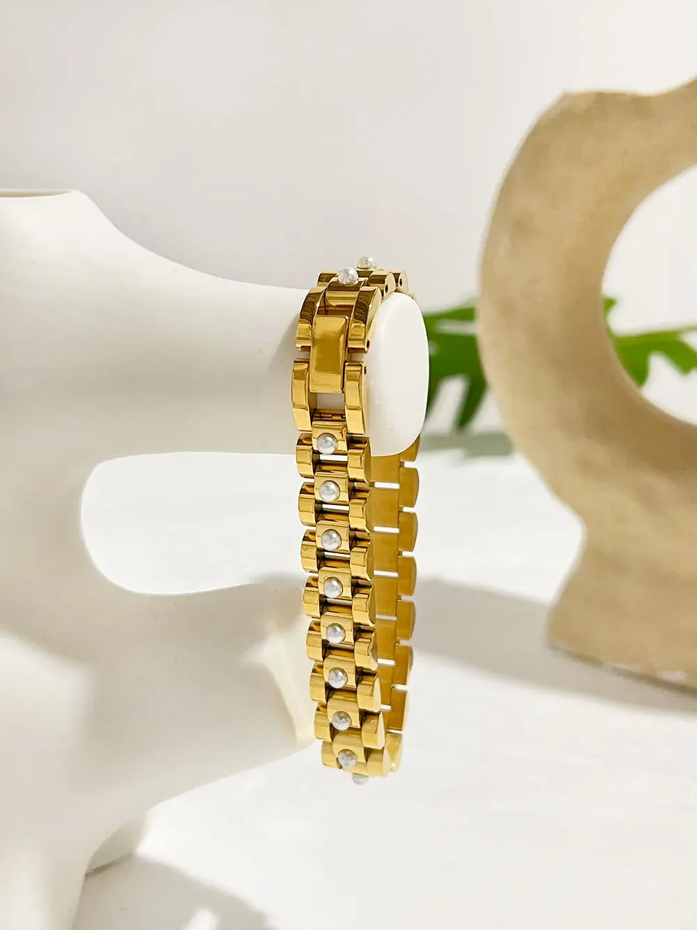 Peri'sbox Stainless Steel Simple 18K Plated Heavy Metal Watch Band Bracelet with Pearls Fashion Jewelry Bijoux Femme Waterproof