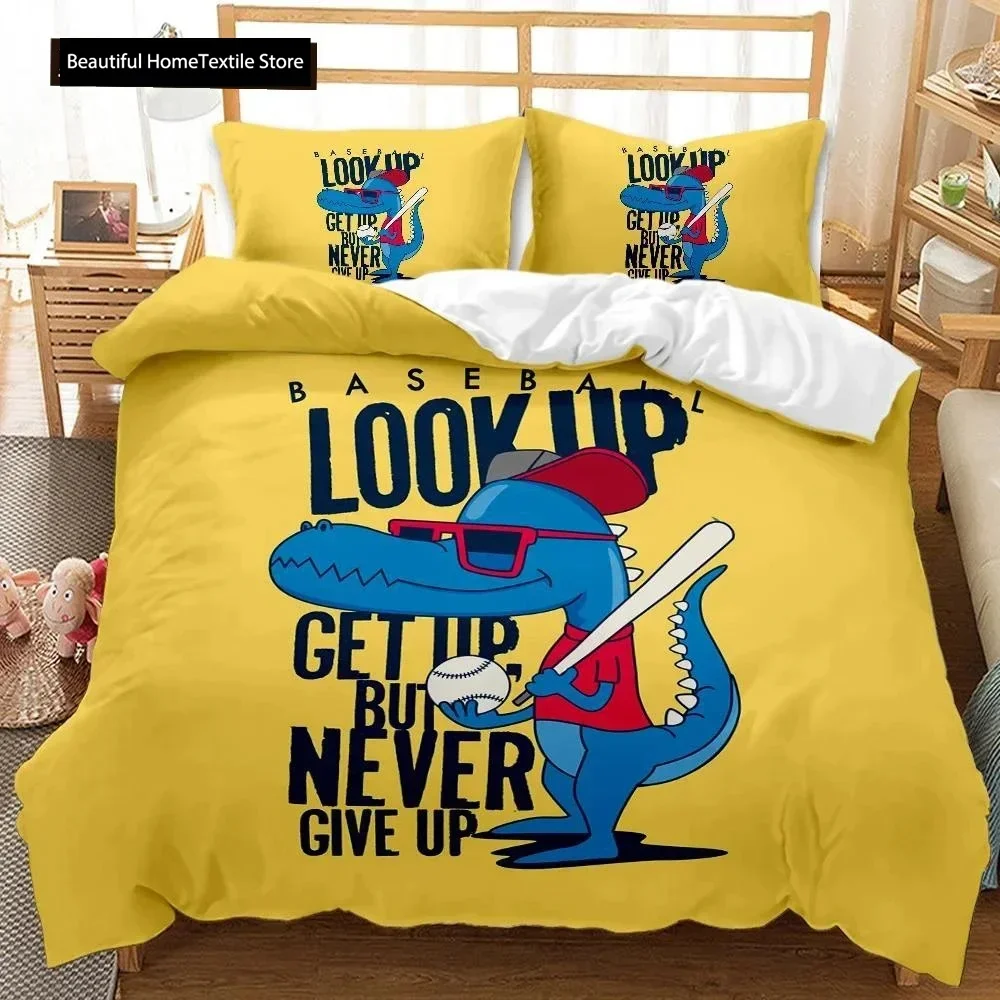 Cartoon Dinosaur Playing Baseball Never Give Up Comfortable Duvet Cover Pillowcase Bedding Set Children Bedroom Home Textile