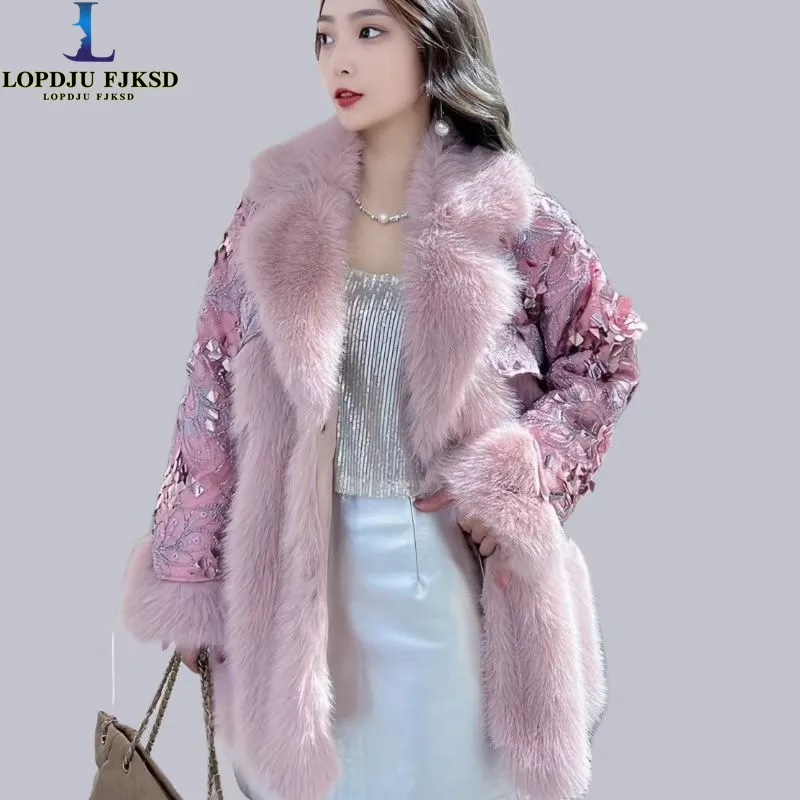 Jaket Slim Bulu Imitasi Serbaguna Fashion Panjang Sedang Terintegrasi Wanita Elegan Pakaian Musim Dingin 2025 Mantel Bulu Imitasi Payet Wanita
