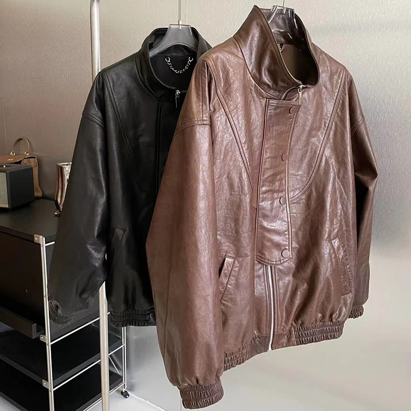 Women Cow Leather Coat Bomber Jacket Spring Autumn American Vintage Brown Waxy Leather Pilot Jackets Oversize Roupas Femininas