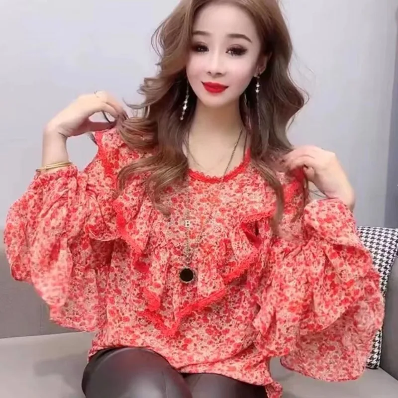 Lace Put Together Flounce Blouse Springtime New Style Temperament Look Slimmer Loose Chiffon Shirt Sexy Fashionable Comfort