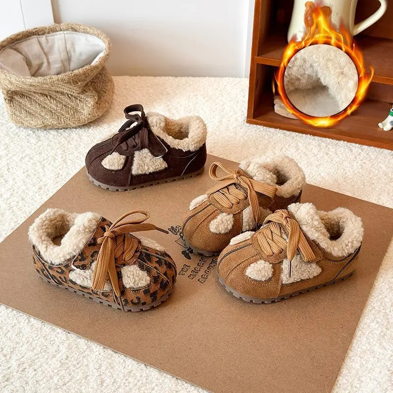 

Корейская версия зимней хлопчатобумажной обуви для девочек, новые зимние бархатные кроссовки на мягкой подошве, детская повседневная теплая обувь.