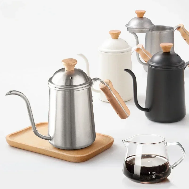 

650ML Hand Drip Coffee Hot Water Pot with Lid 304 Stainless Steel Solid Wood Handle Milk Foam Household Kitchen Cafe Accessories