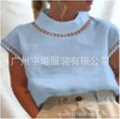 Vintage Tops Mujer Women Blouse Solid Cotton Summer Casual Chic Tunic Hallow Stand Collar Oversized White Blouses Blusas