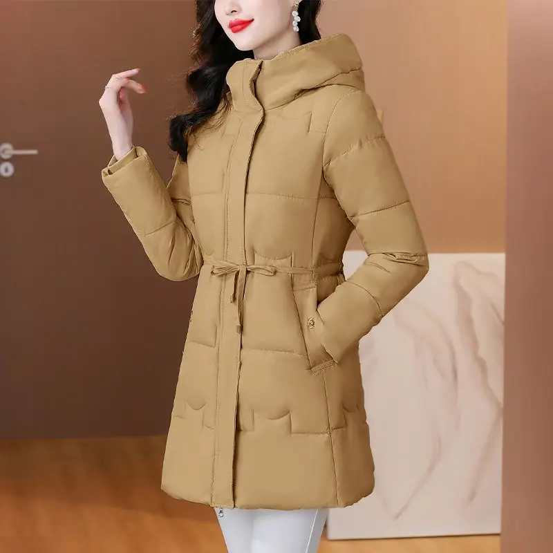 Fashion New Midi Parkas Autumn Winter Cotton-padded Jacket Show Off Weight Thicken Windproof Thermal Hooded Chic Corset Coat