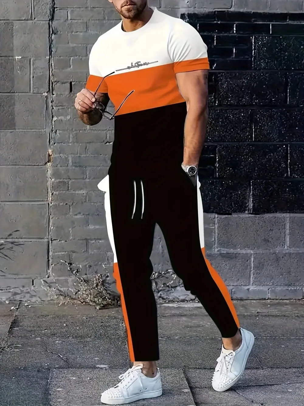 

New Men's Summer Personalized Splicing Printed Micro Elastic Breathable Round Neck T-shirt Pants Set Outdoor Fashion Clothing