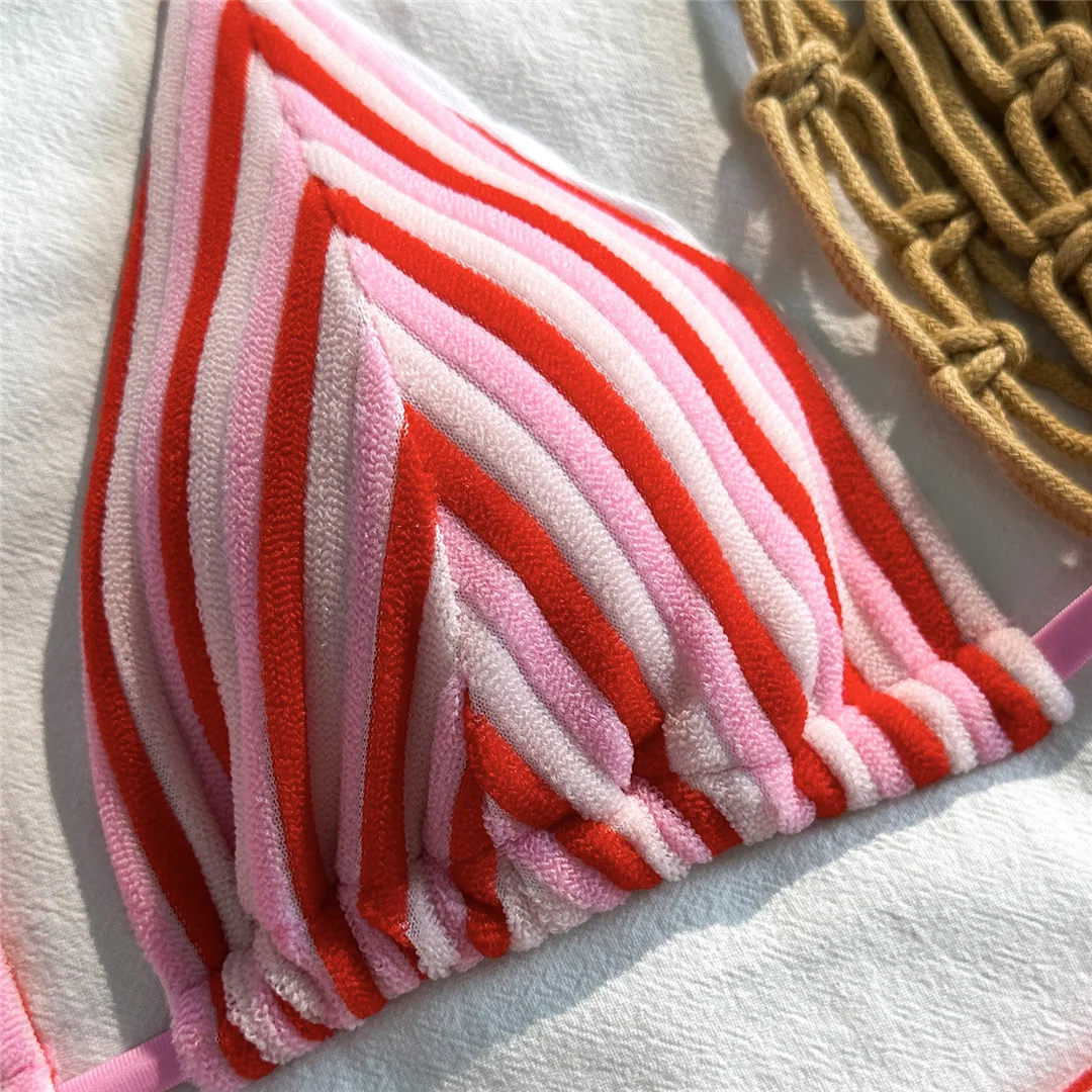 Neuer gestreifter Neckholder-Bikini mit hoher Taille, Damen-Badeanzug, zweiteiliges Bikini-Set mit Shorts, Badebekleidung, Badeanzug, Schwimmanzug V7825 – Detail 17