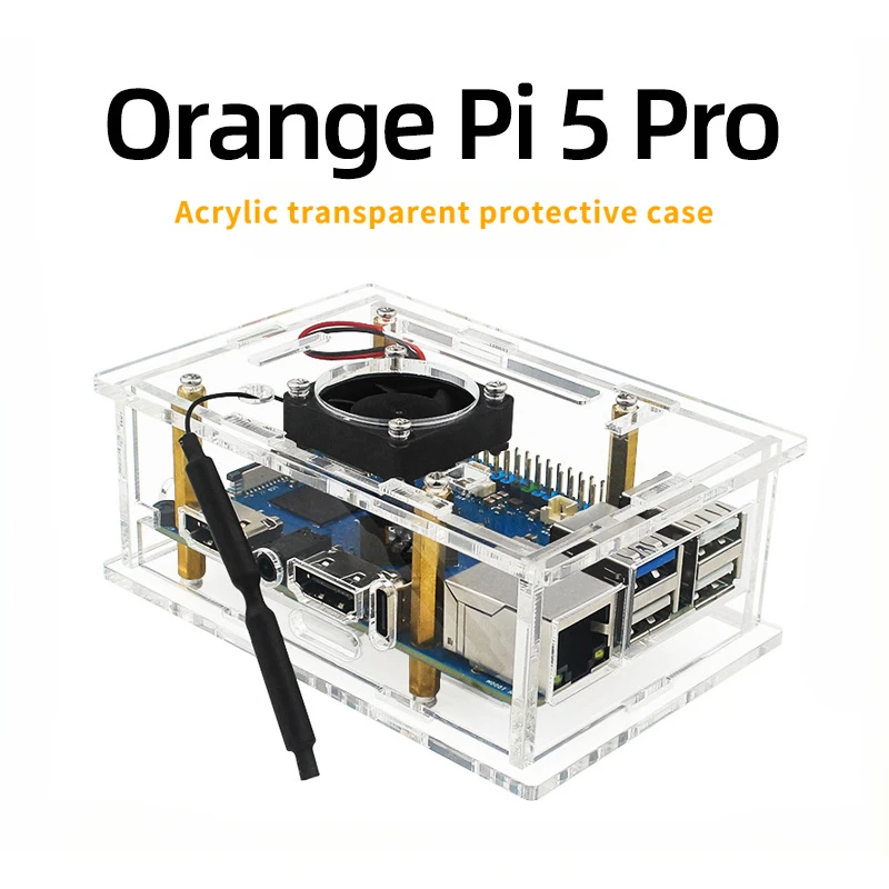 

Акриловый прозрачный защитный корпус для Orange Pi5 Pro с охлаждающим вентилятором и антенной