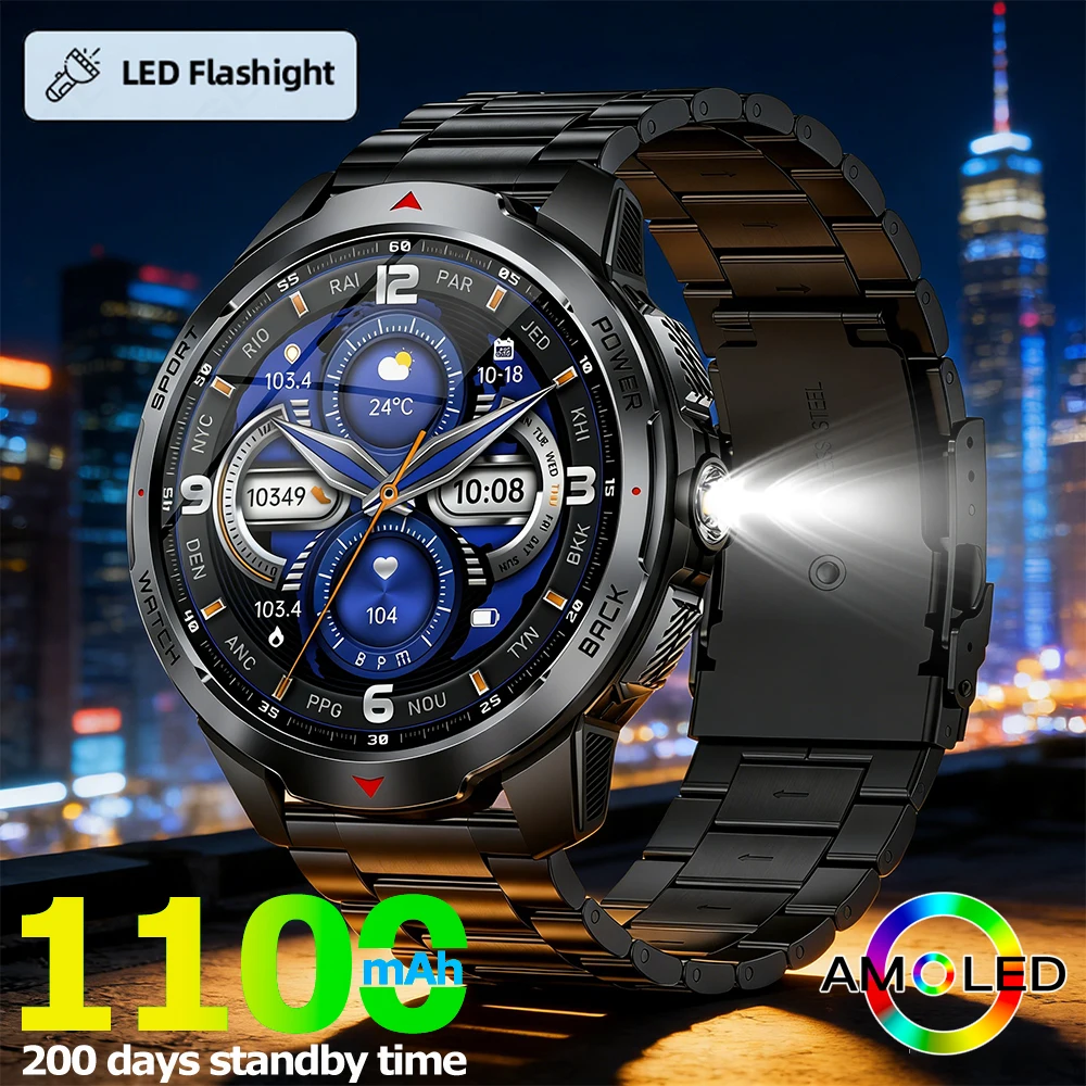 

Смарт-часы LIGE Military Outdoor 1100 мАч для мужчин с AMOLED-дисплеем, компасом, спортивные часы, водонепроницаемые IP68, с Bluetooth-вызовами, мужские смарт-часы