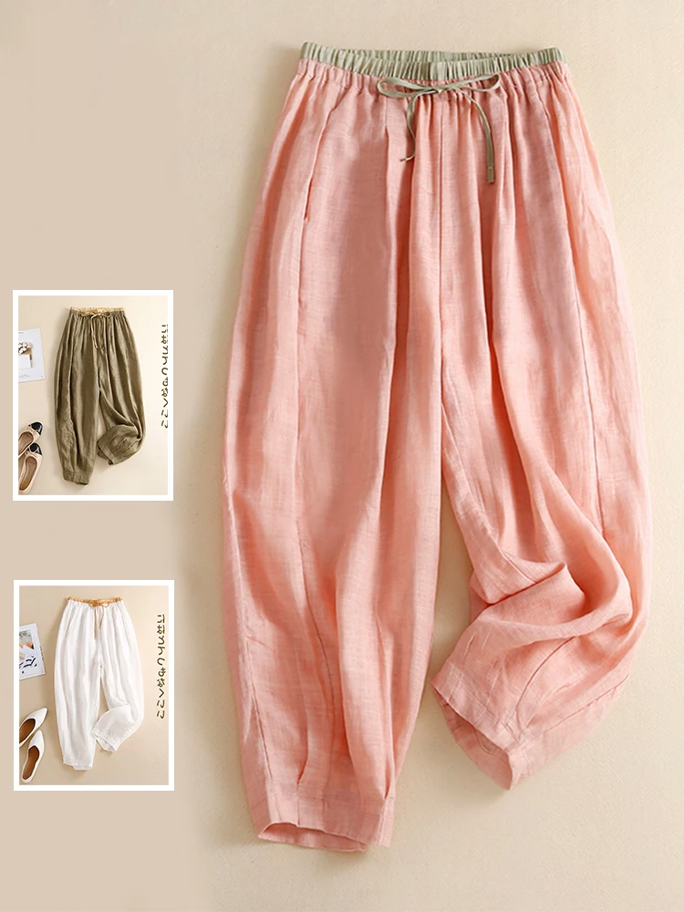 

High Waist Pleated Design Artistic Color Blo Belted Nine-Tenths Pants plus Size Women's Casual Harlan Pants Sli Slimming