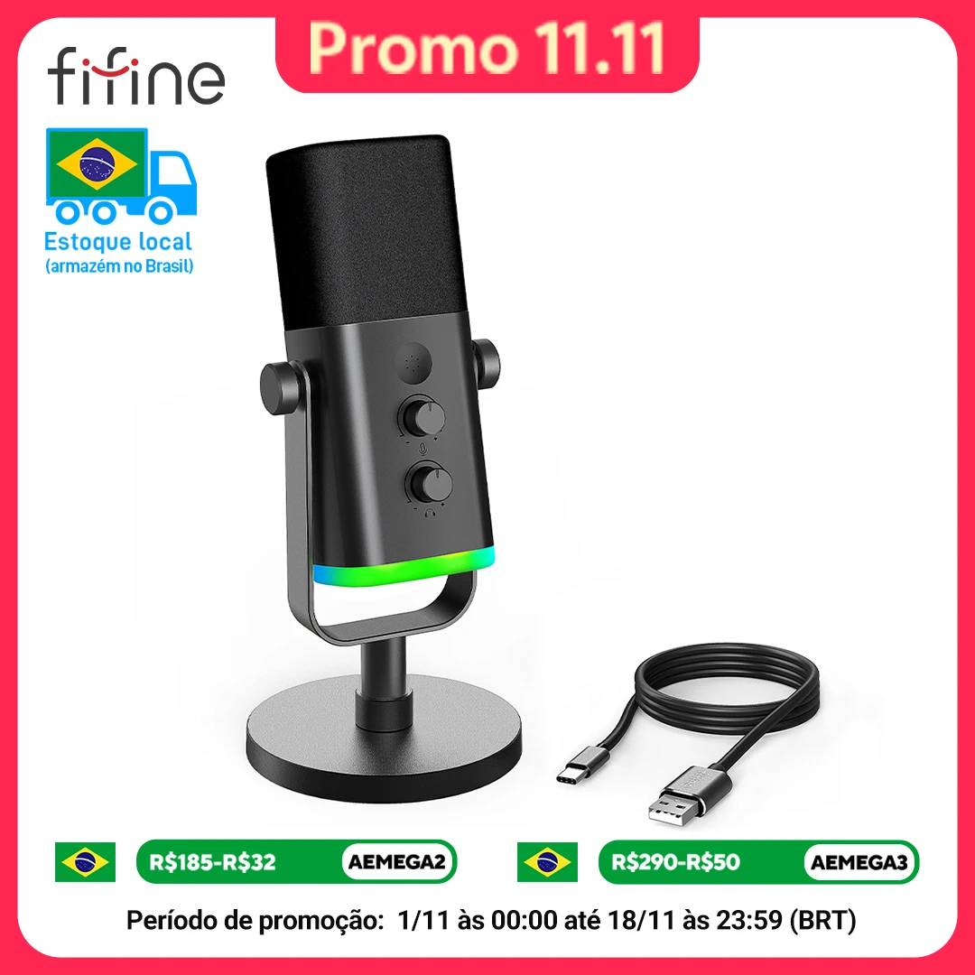 Fifine microfone dinâmico usb/xlr com controle rgb/jack de fone de ouvido/mudo, microfone para gravação de jogos de pc streaming AmpliGame-AM8
