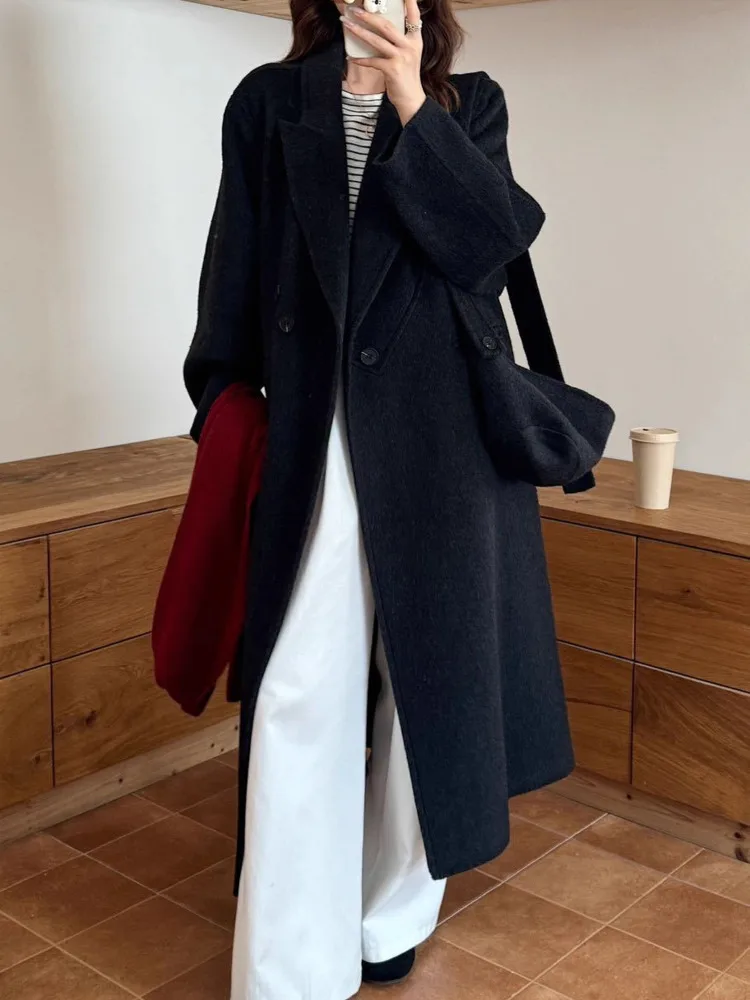 ZMEENNA レディース ロング ウール ブレンド コート ダブルブレスト 暖かい 冬 アウター エレガント ルーズ フィット クリーム ベージュ マキシ ZM4435