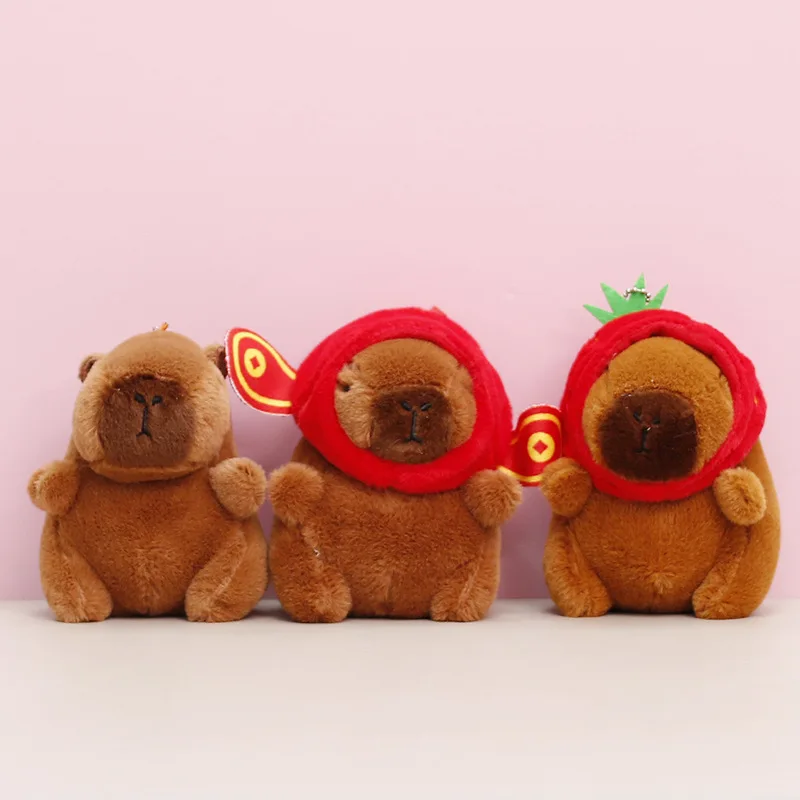 Strawberry Hat Capybara Plush Toy Turtle Backpack Capibara Stuffed Animals Papa Hand Circle Ring Key Chains Small size Pendant