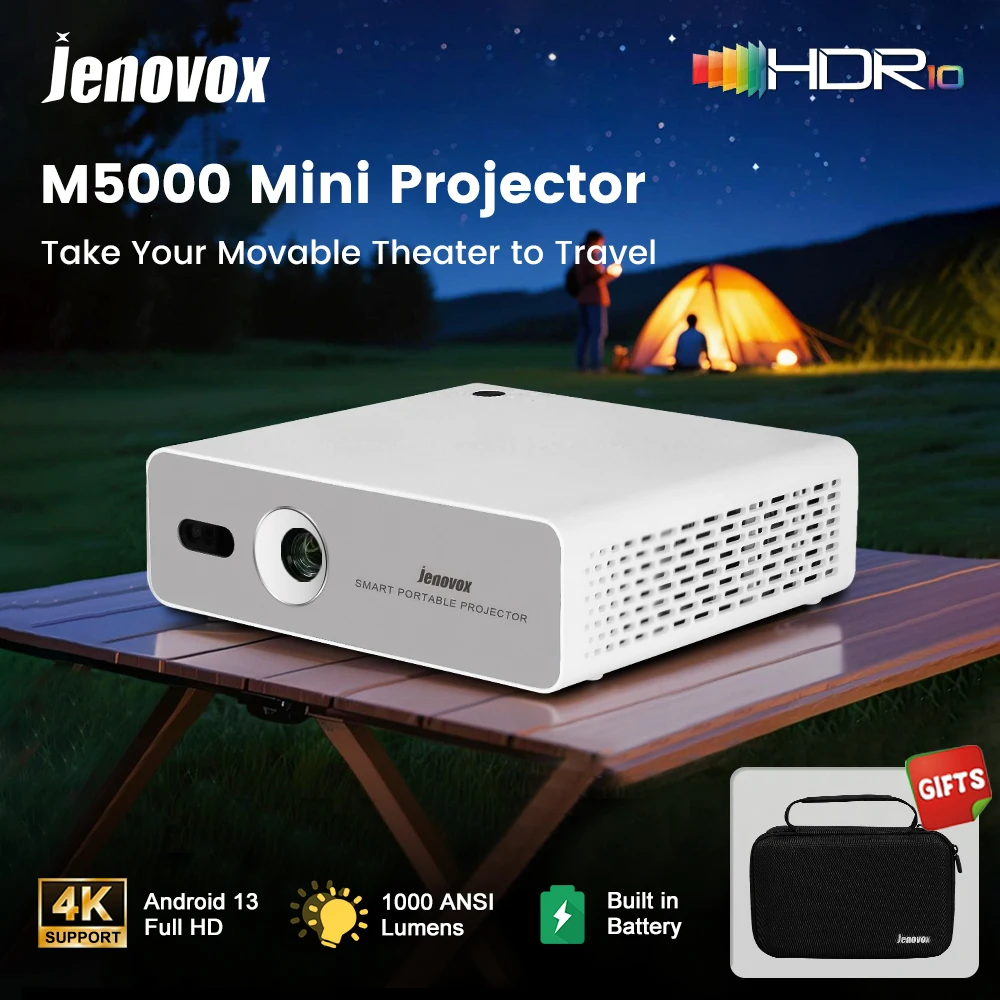 

Jenovox M5000 Mini DLP 4K Projector Decode Full HD Home Theater 1000 ANSI Lumens Built-in Battery Android 13 Pocket Beamer HDR