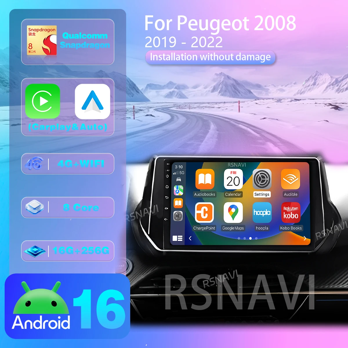 Android 16 Carplay Auto Qualcomm Screen Car Radio Player For Peugeot 2008 2019 - 2022 GPS Video navigation Stereo wifi+4G dsp bt