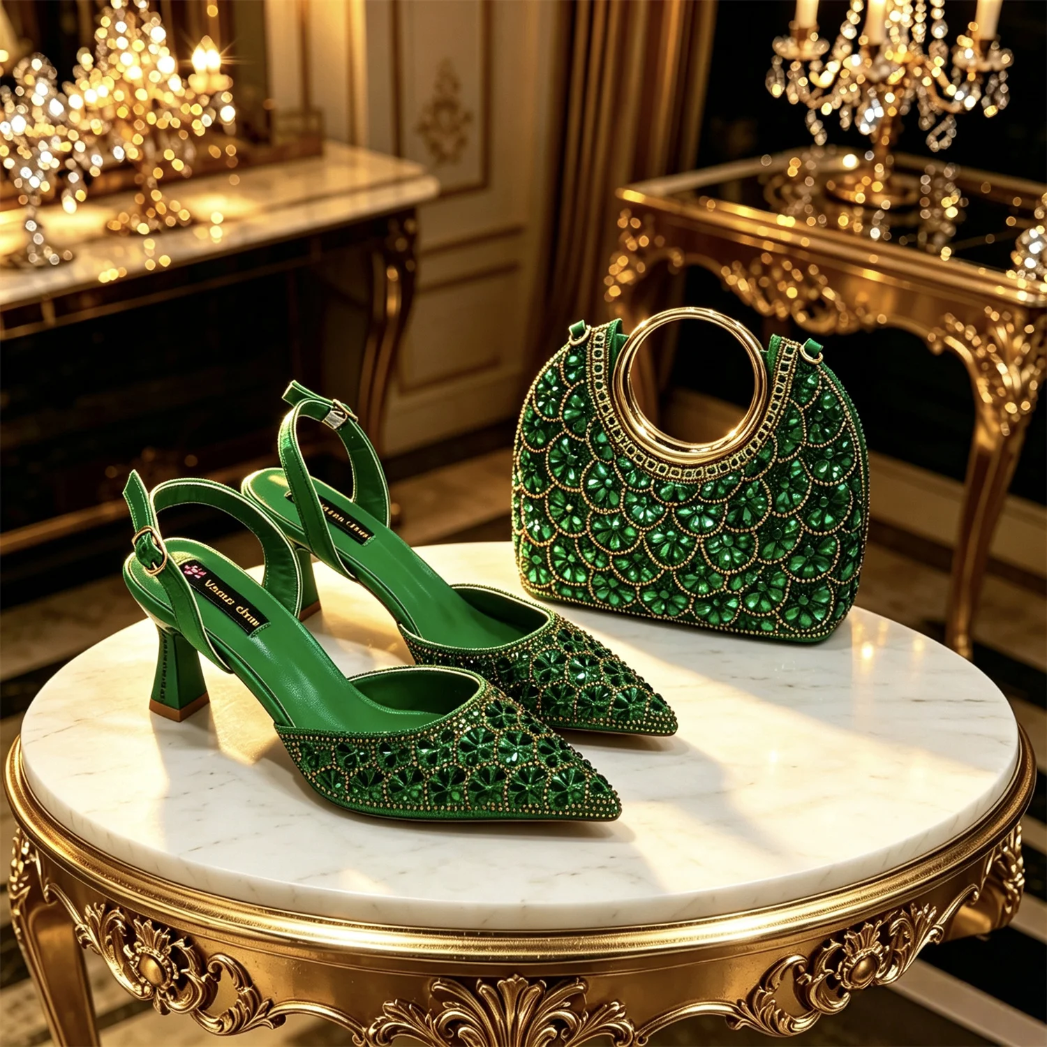 

Green Color Rhinestone Comfortable High Heels Shoe And Bag Fashion Style Pointed-Toe Shoes For Women Or Commuting Shoes