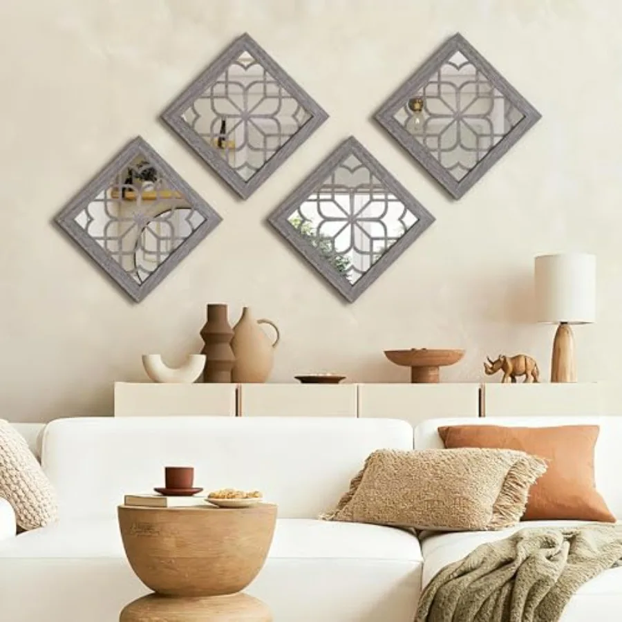 Set of 4 Boho Wall Mirrors with Carved Floral Design, 12x12 Inch Rustic Farmhouse Accent Mirrors, Vintage Style Shatterproof Sq