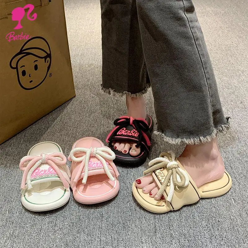 Summer Versatile Girl Indoor Beach Sandals Anime Cartoon Barbies Thick Sole Anti-Slip Slippers Lazy Style Bow Tie Women Slippers