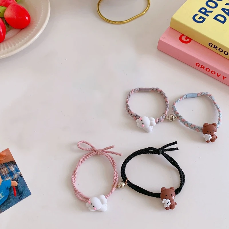 2pcs/set Mutual Attraction Elastic Rope & Rabbits Friendship Rope Bracelet Hand Rope Hair Ring Gift for Valentine's Day