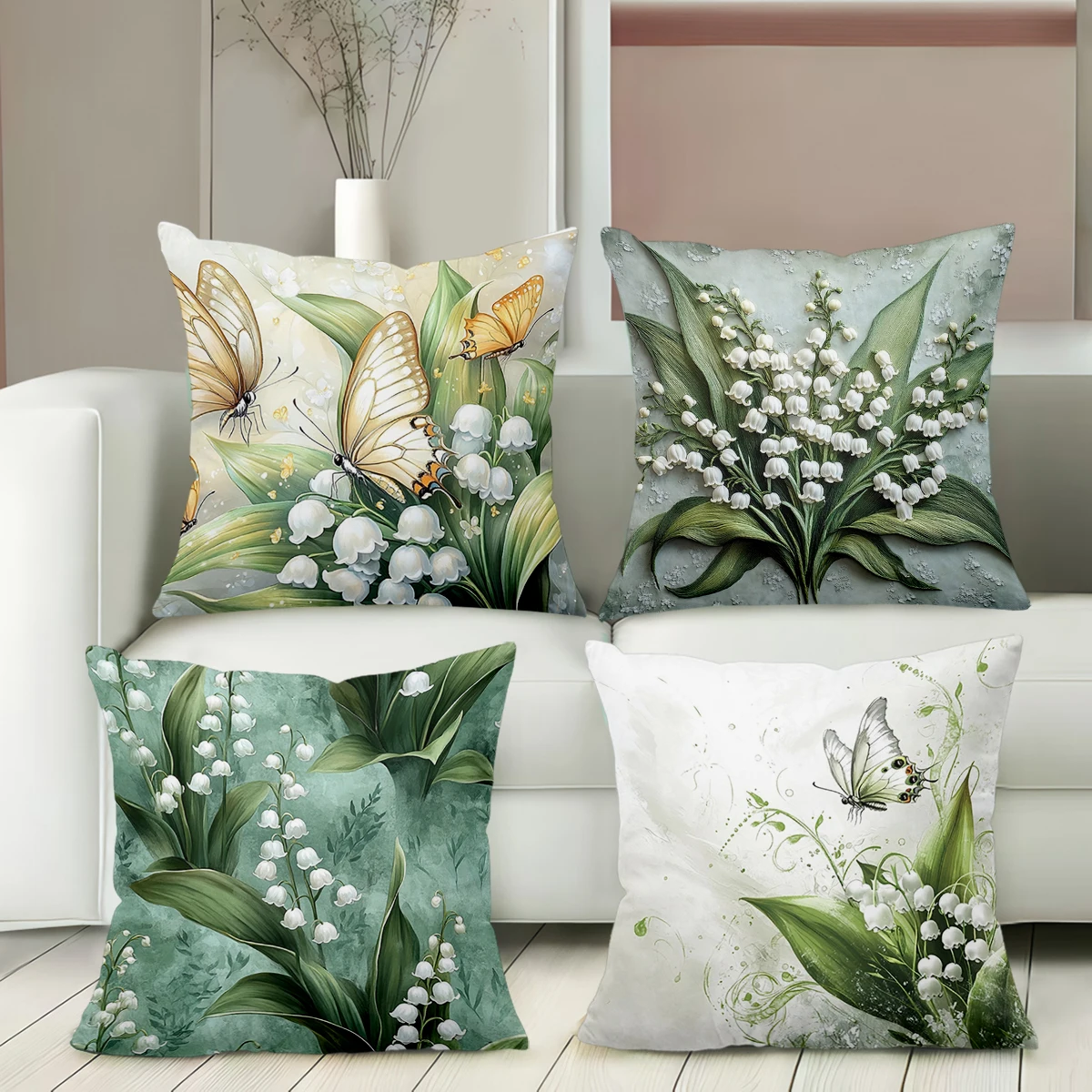 2D Flat Printing Lily of The Valley and Butterfly Pattern Cushions Polyester Pillowcase Sofa Decorative Cushion Cover