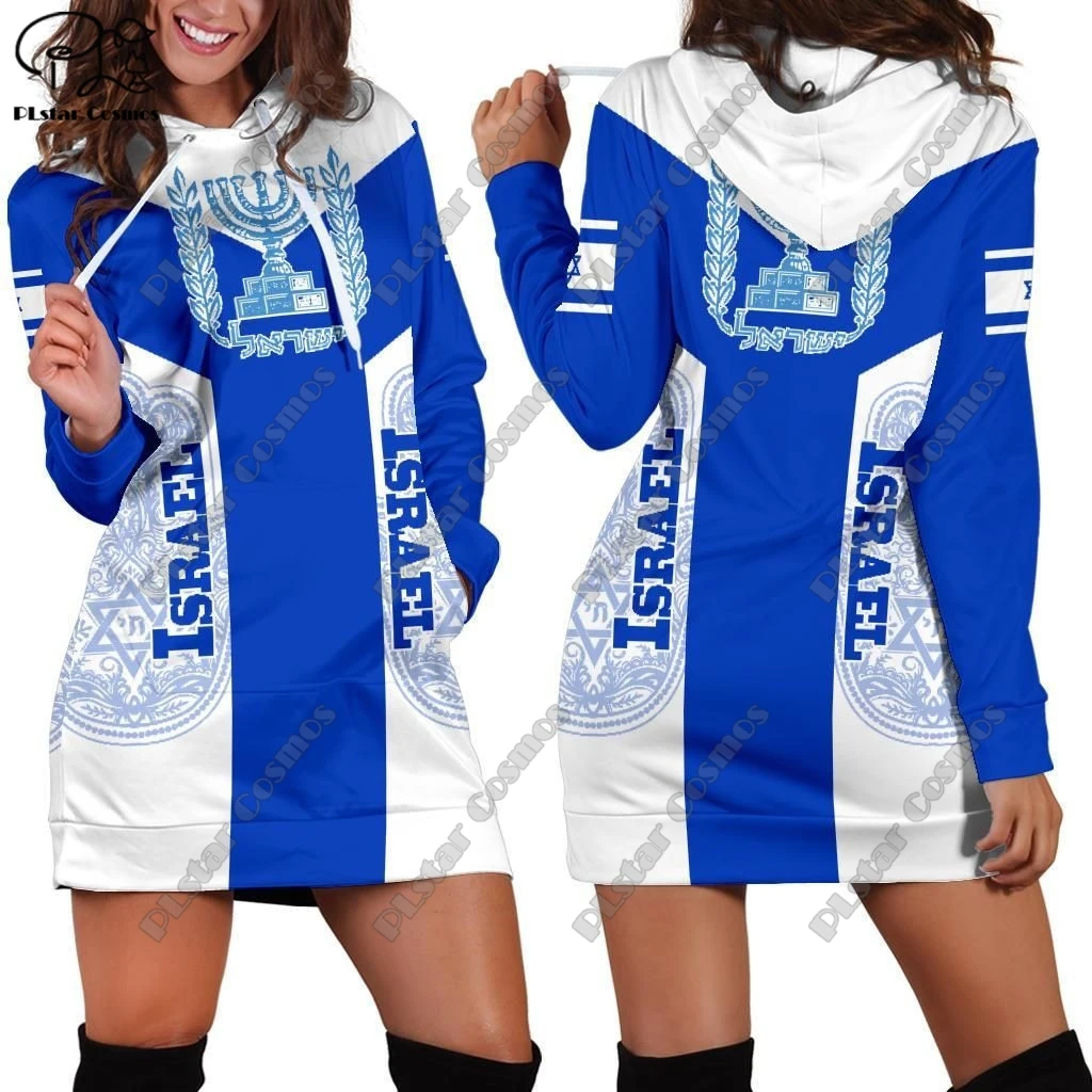 PLstar Cosmos 3D Printed Israel Coat of Arms Flag Colorful Pattern Women's Hooded Long Sleeve Dress Harajuku Street Unique