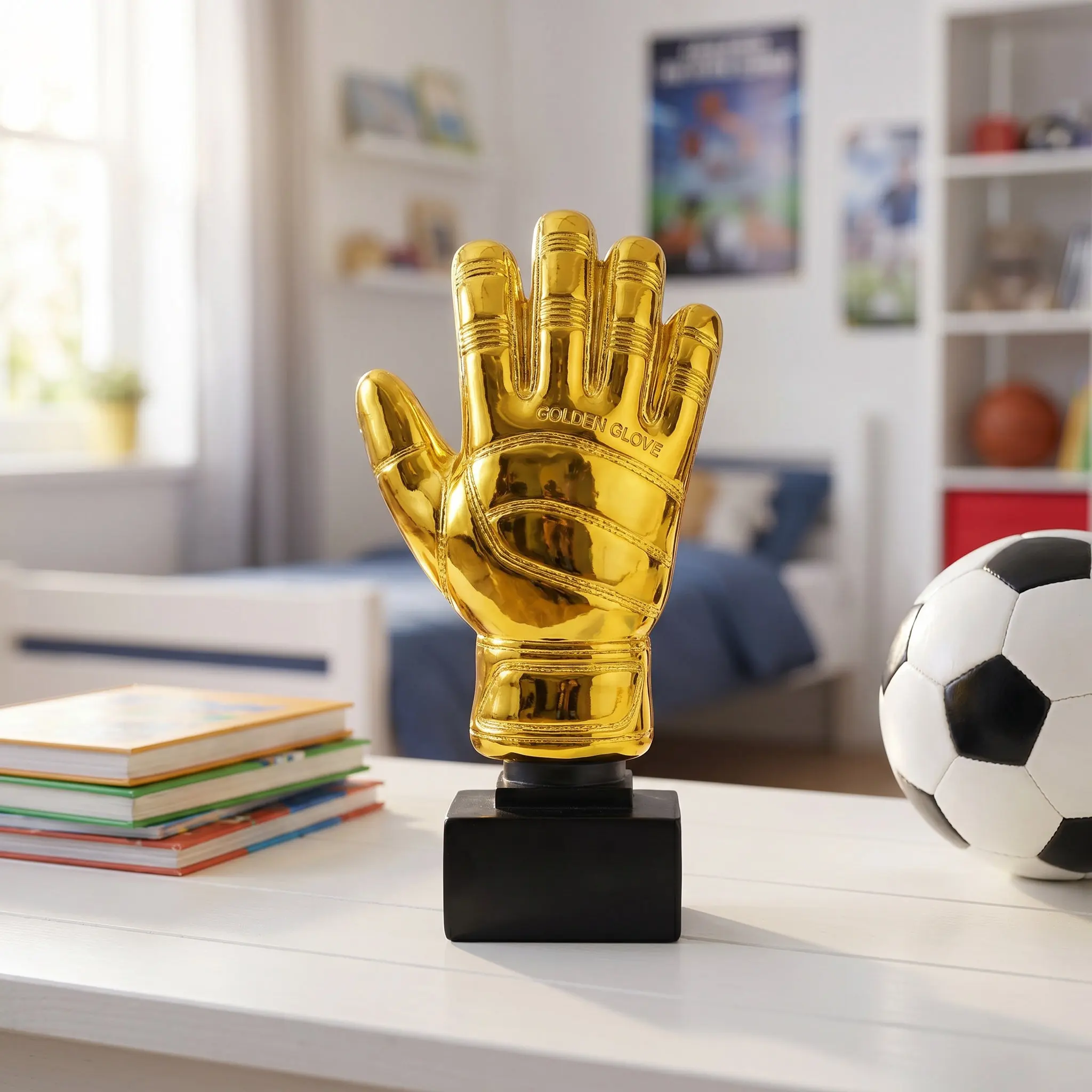 Goalkeeper Award Trophy Golden Plating Soccer Gloves Shape Resin Trophy for School Sports Day Office Kindergarten Game Prize