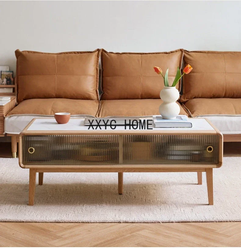 

Stone Plate Coffee Table Modern Minimalist Living Room Oak Tea Making Table Nordic Home Small Apartment Light Luxury Tea Table