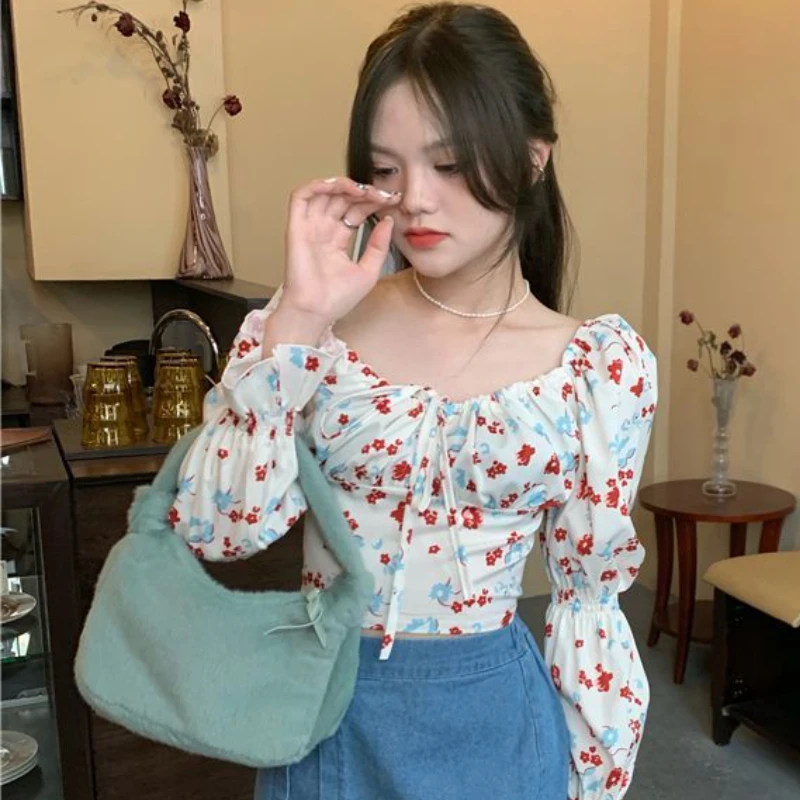 Floral Blouses Women Puff Sleeve Spring Female Fashion Hotsweet Crop Tops Vintage Daily Casual Soft All-match Korean Style Slim