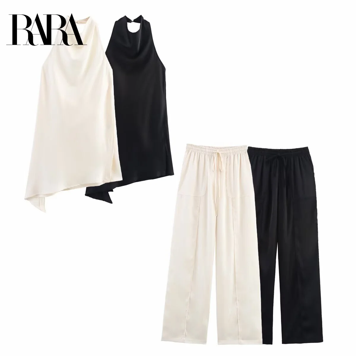 

RARA2025 new summer women's casual fashion design all-match satin texture halter neck top + drawstring wide-leg trousers