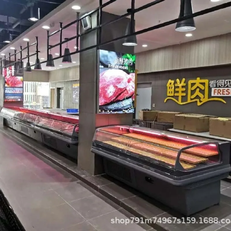 Open horizontal supermarket on the first floor of the fresh meat air-cooled display cabinet