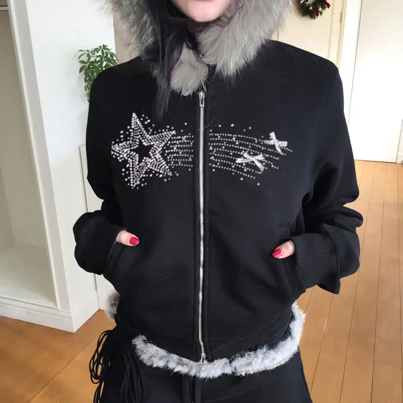 Yabi Feng Hot Diamond Star Y2K Fur Collar Zipper Hooded Sweatshirt Jacket Retro Niche Design Long-Sleeved Top
