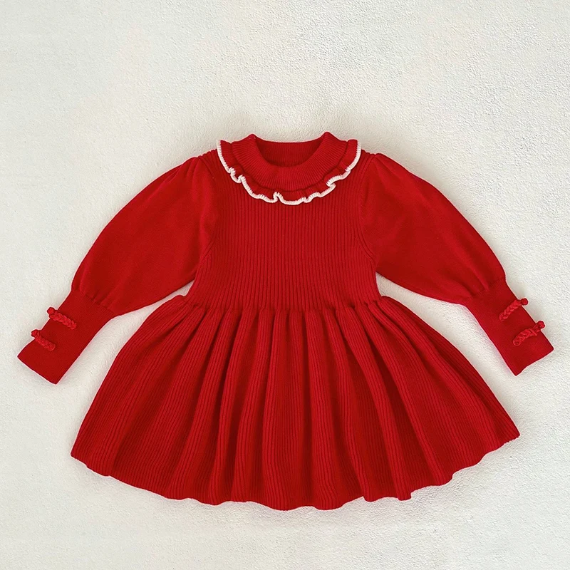 2024 New Autumn European American Style Baby Girls Knitting Dress Long Sleeved Solid Color Knitted Kids Princess Dresses