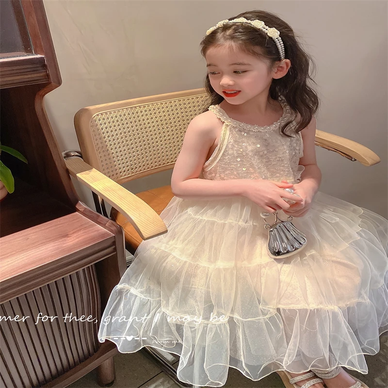 Halter Neck Strapless Dress for Girl 2023 New Pearl Sequins Elegant Princess Dress Sleeveless Summer Dress for Girls 3-6Years