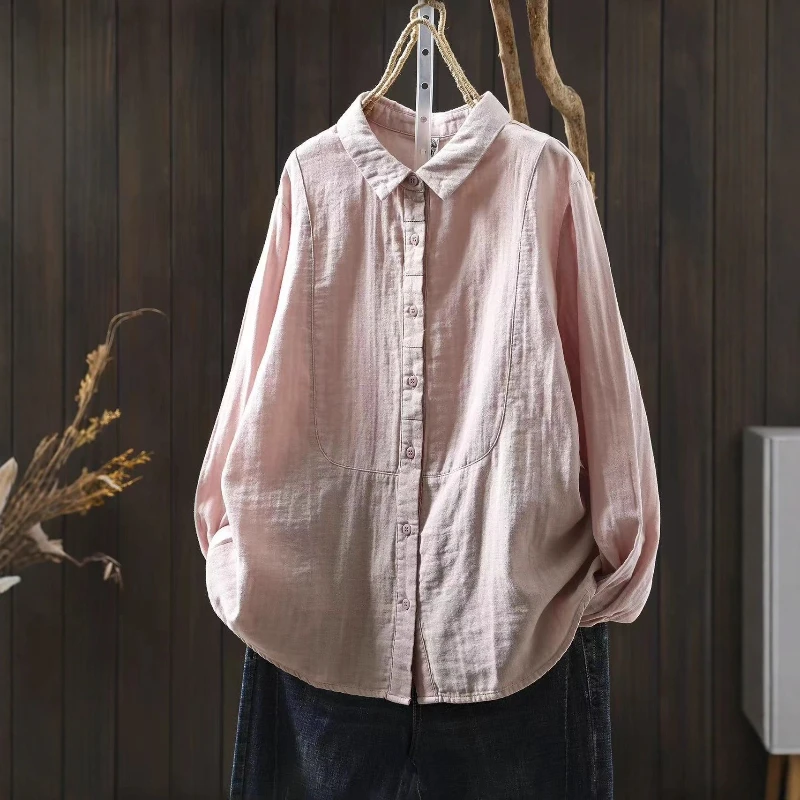 

Осенняя белая рубашка 2025 г., женские однотонные блузки и топ из хлопковой пряжи, женские топы с длинными рукавами в корейском стиле с лацканами Mori Girl