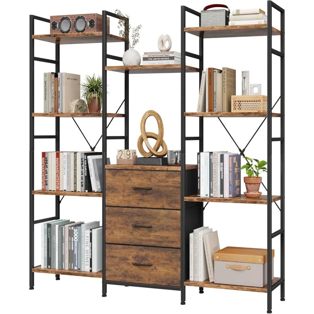 

Triple Bookshelf with 3 Fabric Drawers, 4-Tier Book Shelf and 10 Display Shelves, Industrial Large Bookcase for Home & Office, R