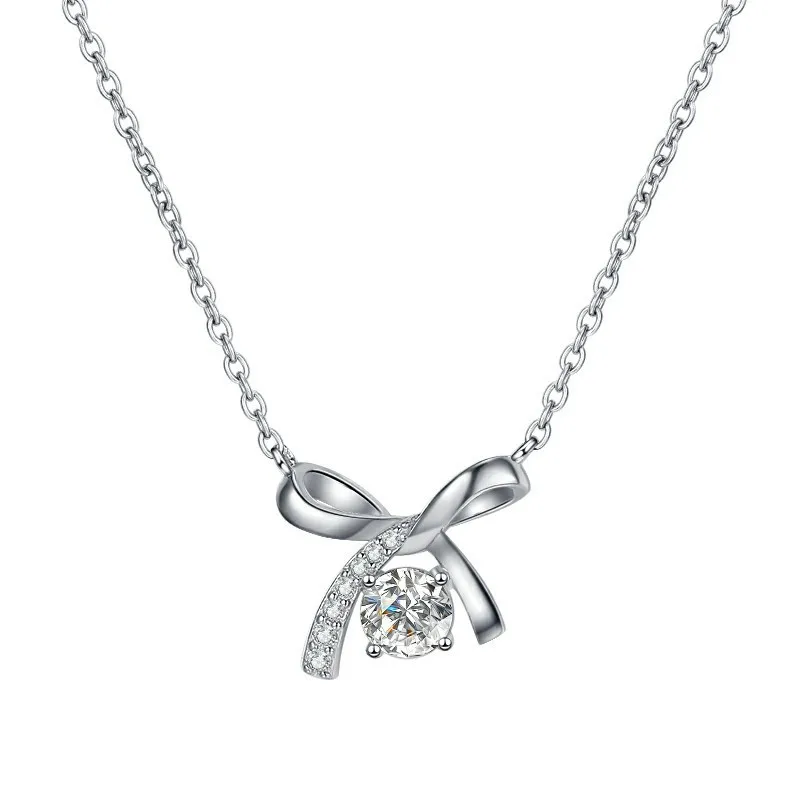 

HK0068 Lefei Fashion Trendy Luxury Fine Classic White Moissanite Dangle BowknotNecklaces For Women 925 Silver Party Jewelry Gift