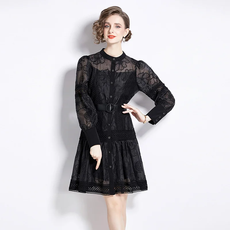 

Spring Summer Women Single Breasted Lace Mesh Embroidery Patchwork Party Dresses With Belt