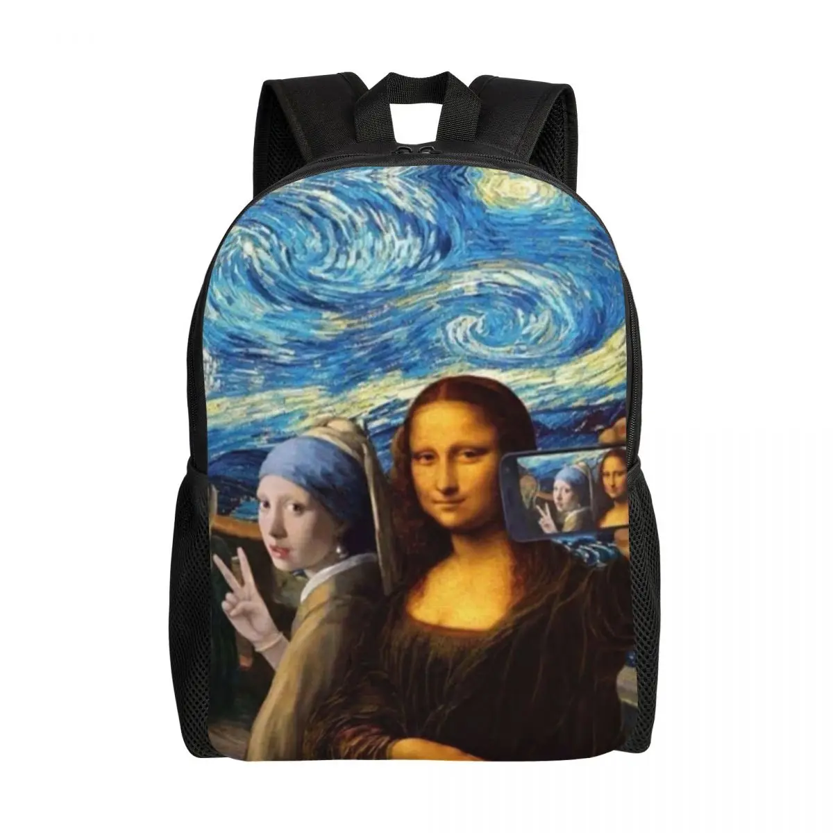 

Starry Night By Mona Lisa And Vincent Van Gogh Backpack for Waterproof College School Art Painting Bag Printing Bookbags