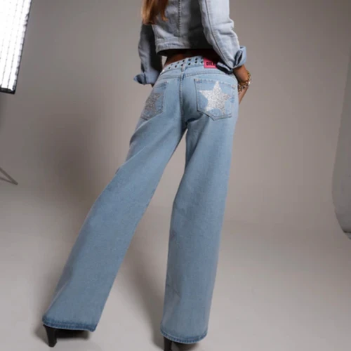 Imagen 2 del producto Y2K-pantalones vaqueros Vintage con diseño de estrella plateada, vaqueros con remaches de Metal, holgados, informales, de pierna recta, ropa sencilla para mujer