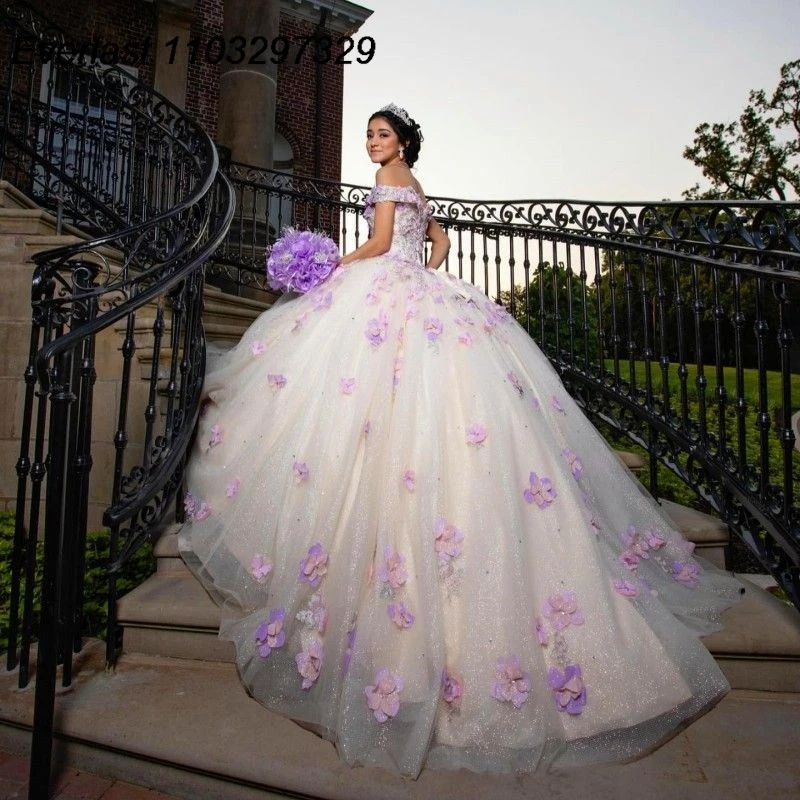 فستان Quinceanera العاجي للفتيات ، مزين بالزهور ثلاثية الأبعاد ، فستان مطرز بالخرز ، أرجواني ، حفلة عيد ميلاد ، 15 و 15 عامًا ، TQD665