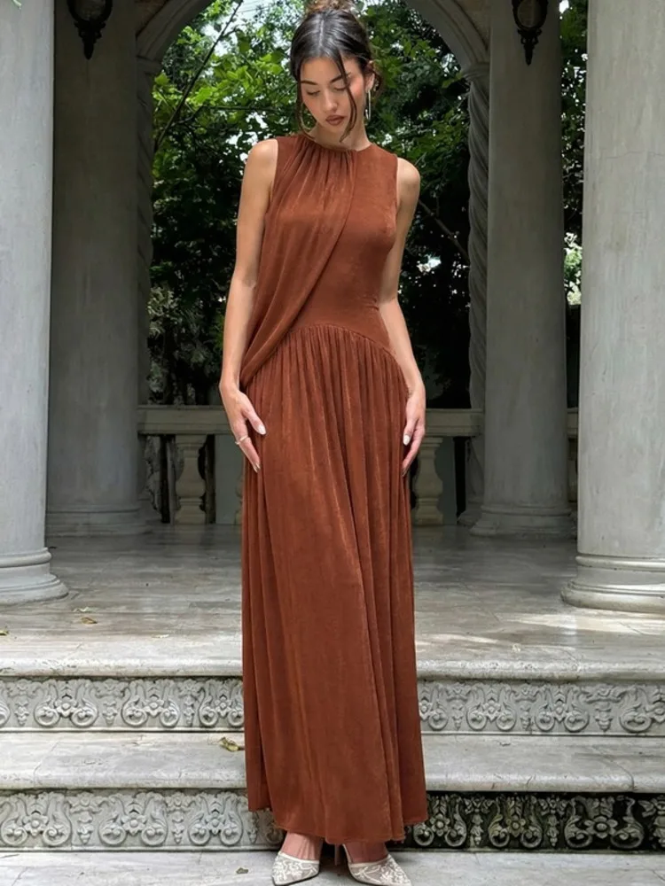 

Элегантное женское длинное платье Blifanbo с круглым вырезом, без рукавов, с драпировкой, однотонное, модное, для весны и лета