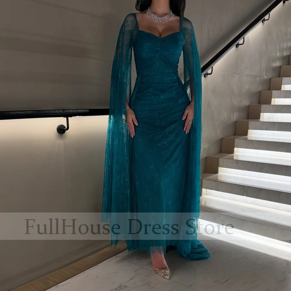 Bespoke Occasion Elegant V-neck Lace Cape Evening Dress Sheath Sexy Backless Maxi Length Saudi Arab Dress فساتين سهرة
