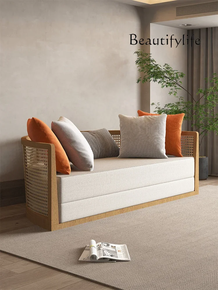 N Nordic Rattan أريكة سرير كاجوال قابلة للطي مزدوجة متعددة الوظائف مستديرة من الخيزران للسرير والإفطار